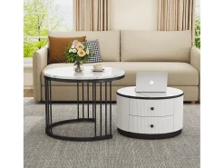 Mesa De Centro|Merax Conjunto de 2 mesas de centro encaixáveis com 2 gavetas - 60 x 60 x 45,5 cm + 50 x 50 x 32 cm - Aspecto de mármore brilhante - MDF - e branco Preto