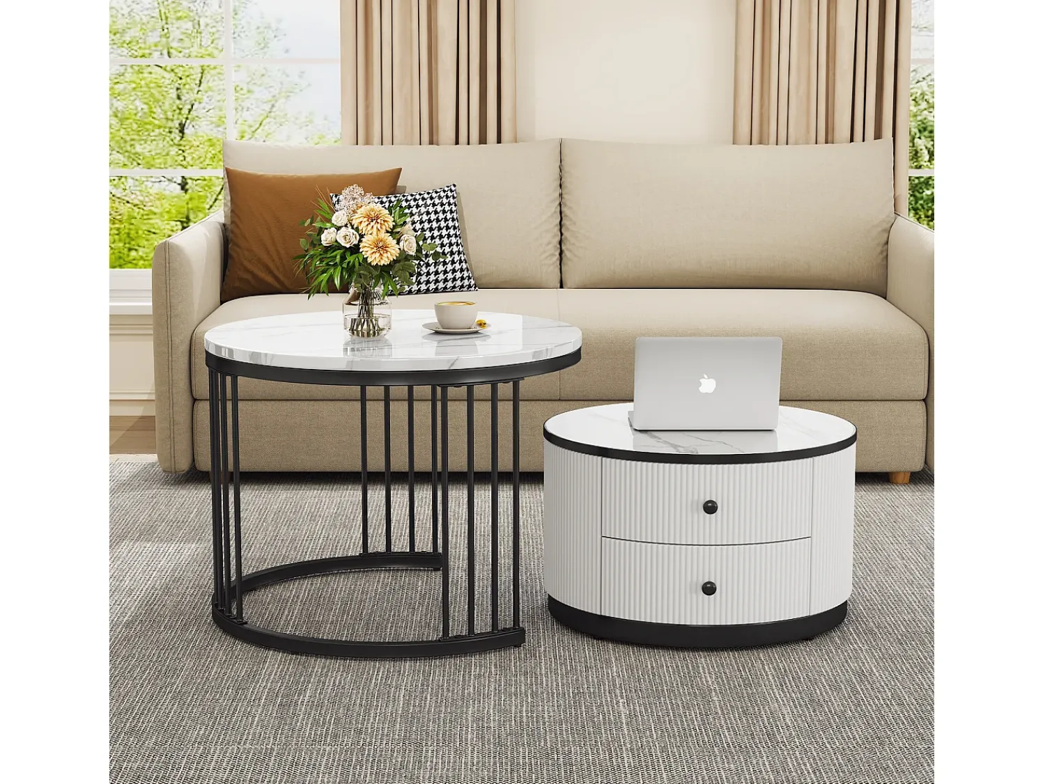Mesa De Centro|Merax Conjunto de 2 mesas de centro encaixáveis com 2 gavetas - 60 x 60 x 45,5 cm + 50 x 50 x 32 cm - Aspecto de mármore brilhante - MDF - e branco Preto