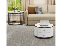 Mesa De Centro|Merax Conjunto de 2 mesas de centro encaixáveis com 2 gavetas - 60 x 60 x 45,5 cm + 50 x 50 x 32 cm - Aspecto de mármore brilhante - MDF - e branco Preto