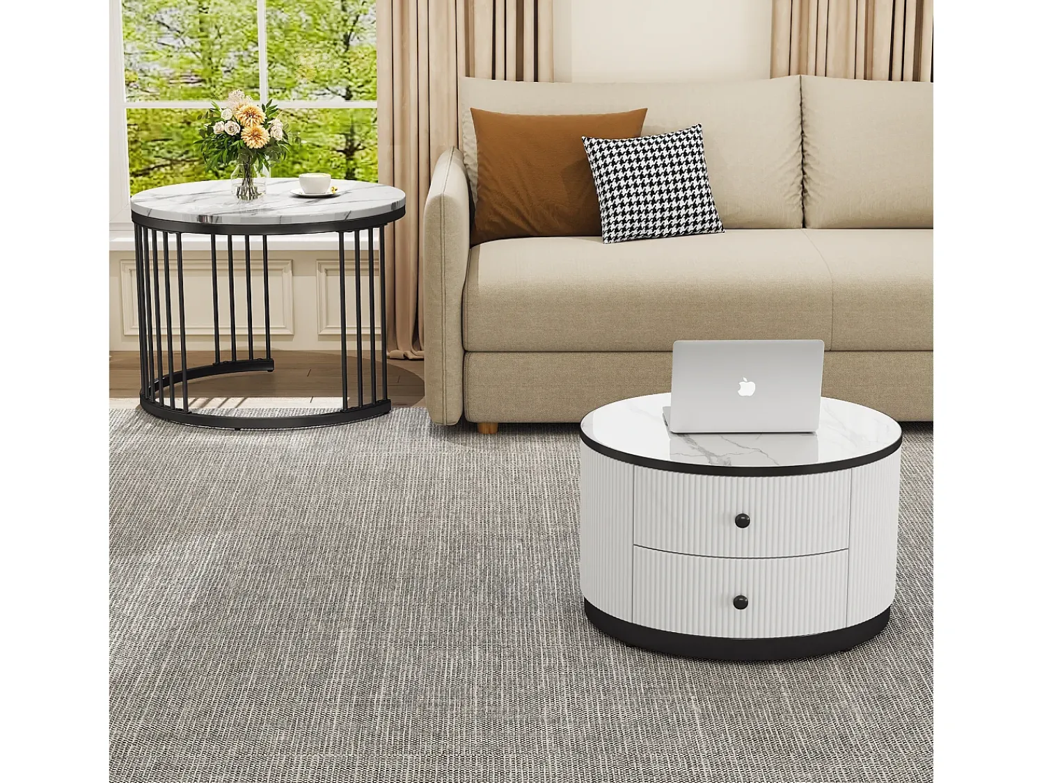 Mesa De Centro|Merax Conjunto de 2 mesas de centro encaixáveis com 2 gavetas - 60 x 60 x 45,5 cm + 50 x 50 x 32 cm - Aspecto de mármore brilhante - MDF - e branco Preto