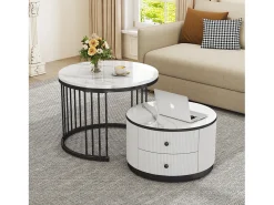 Mesa De Centro|Merax Conjunto de 2 mesas de centro encaixáveis com 2 gavetas - 60 x 60 x 45,5 cm + 50 x 50 x 32 cm - Aspecto de mármore brilhante - MDF - e branco Preto