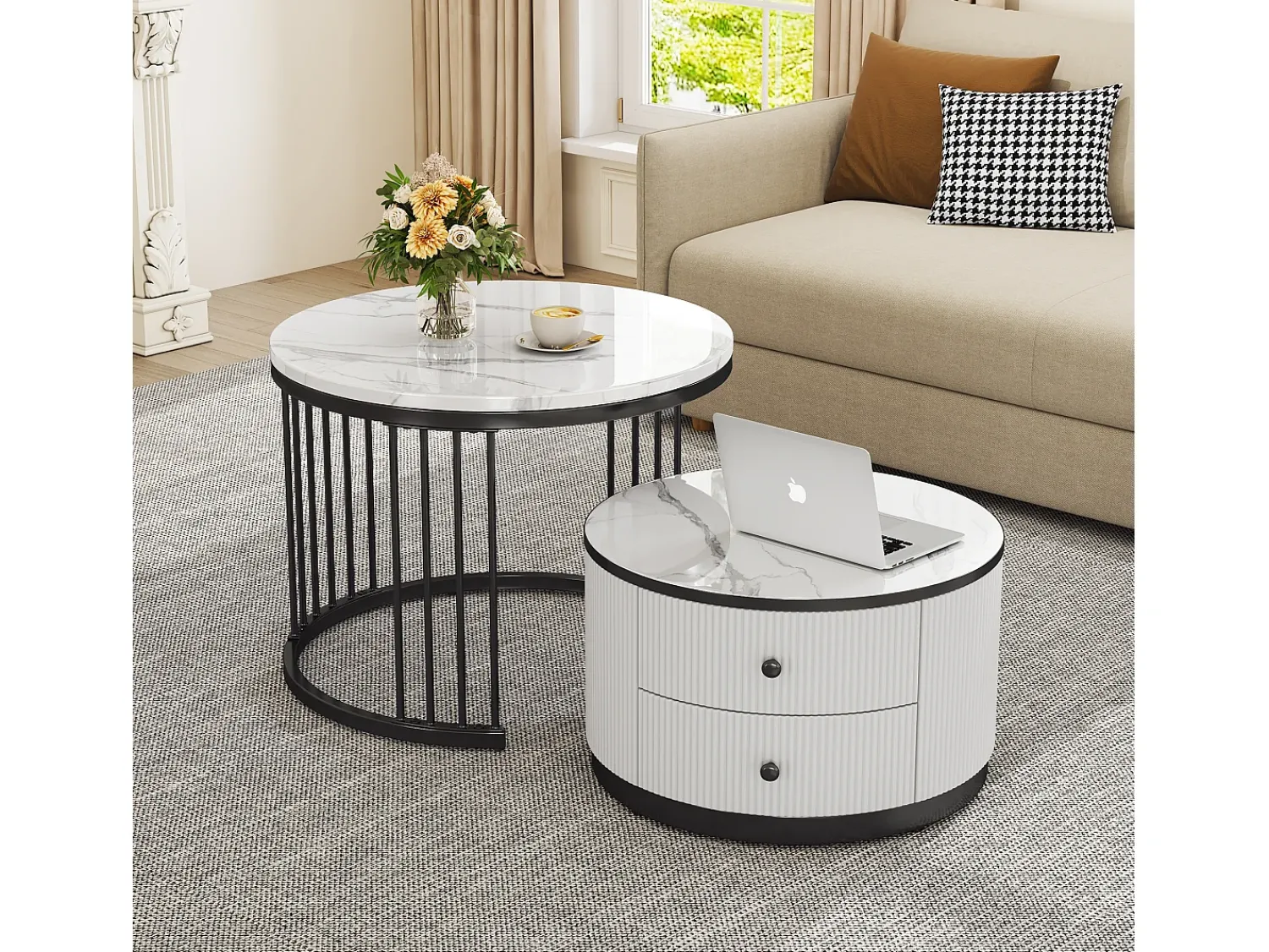 Mesa De Centro|Merax Conjunto de 2 mesas de centro encaixáveis com 2 gavetas - 60 x 60 x 45,5 cm + 50 x 50 x 32 cm - Aspecto de mármore brilhante - MDF - e branco Preto