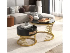 Conjunto de 2 mesas de centro redondas 2 em 1 - Estrutura em metal dourado / gaveta em rattan - Preta^ Mesa De Centro