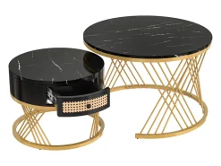 Conjunto de 2 mesas de centro redondas 2 em 1 - Estrutura em metal dourado / gaveta em rattan - Preta^ Mesa De Centro