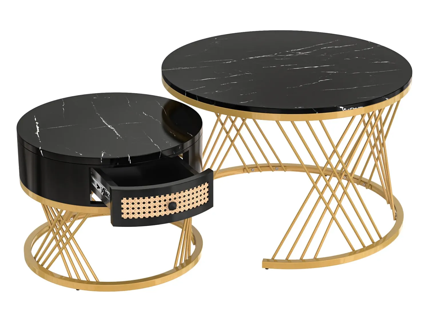 Conjunto de 2 mesas de centro redondas 2 em 1 - Estrutura em metal dourado / gaveta em rattan - Preta^ Mesa De Centro