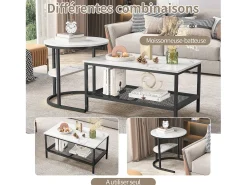 Clearance Conjunto de 2 mesas de centro encaixáveis, mesa encaixável com design de mármore, estrutura de metal Preto