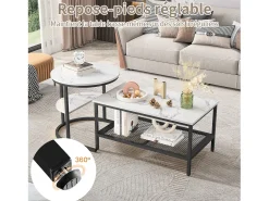 Clearance Conjunto de 2 mesas de centro encaixáveis, mesa encaixável com design de mármore, estrutura de metal Preto