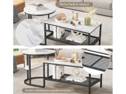 Clearance Conjunto de 2 mesas de centro encaixáveis, mesa encaixável com design de mármore, estrutura de metal Preto