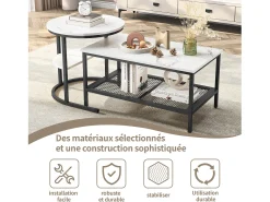 Clearance Conjunto de 2 mesas de centro encaixáveis, mesa encaixável com design de mármore, estrutura de metal Preto
