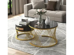 Mesa De Centro|Merax Conjunto de 2 mesas de centro encastradas com gaveta - madeira MDF e metal - tampo padrão mármore - Preto