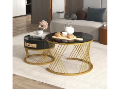 Mesa De Centro|Merax Conjunto de 2 mesas de centro encastradas com gaveta - madeira MDF e metal - tampo padrão mármore - Preto