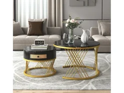 Mesa De Centro|Merax Conjunto de 2 mesas de centro encastradas com gaveta - madeira MDF e metal - tampo padrão mármore - Preto