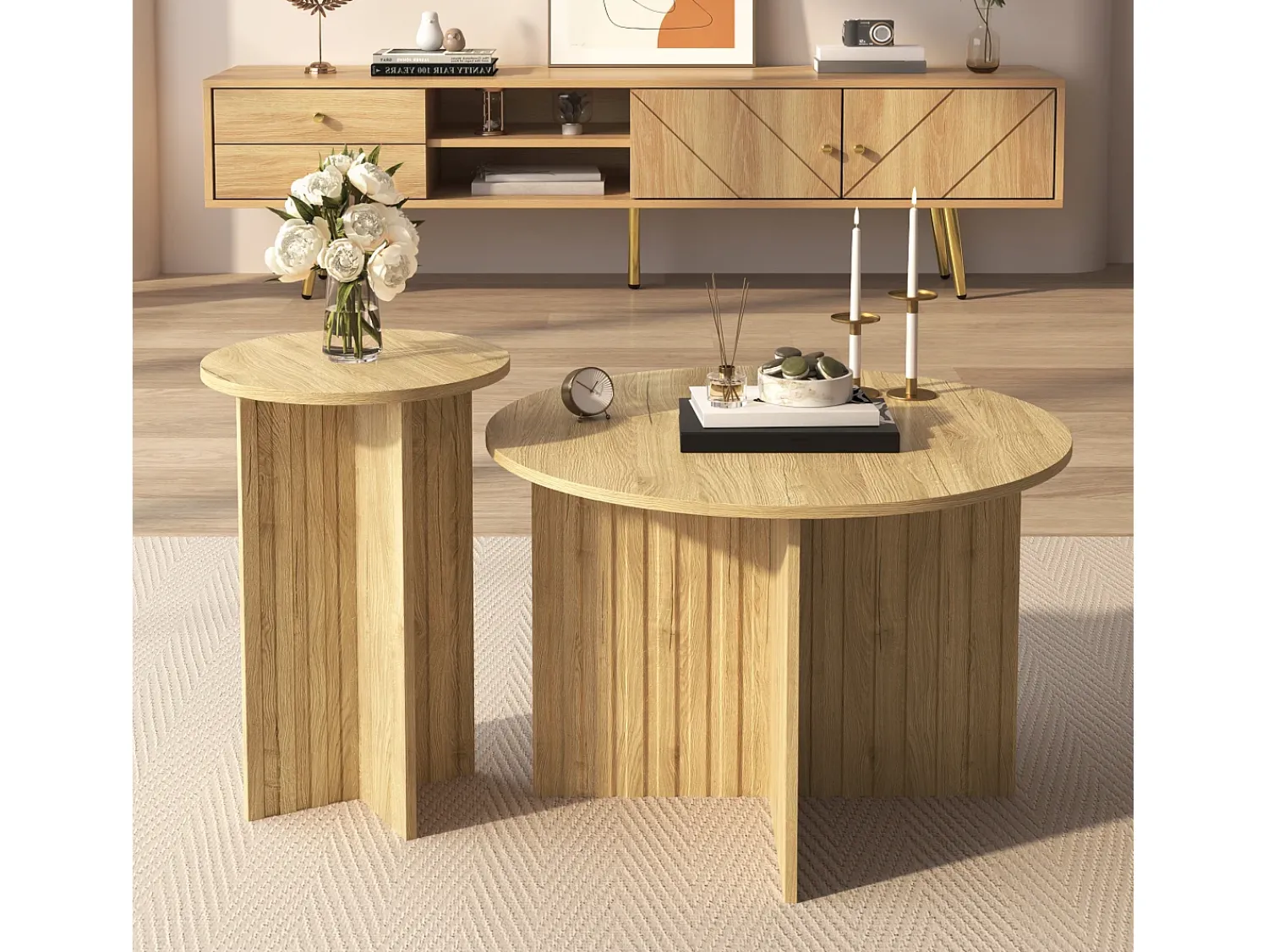 Mesa De Centro*ModernLuxe Conjunto de 2 mesas de centro - tampo redondo - aspecto madeira - MDF + painéis de partículas - Natural Natural claro