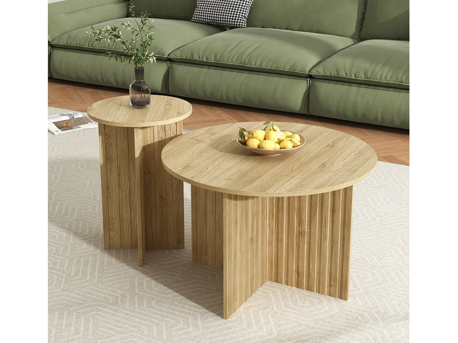 Mesa De Centro*ModernLuxe Conjunto de 2 mesas de centro - tampo redondo - aspecto madeira - MDF + painéis de partículas - Natural Natural claro