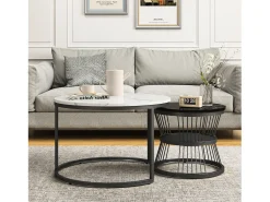Mesa De Centro| Conjunto de 2 mesas de centro redondas modernas - mármore e metal, elegantes para sala de estar, escritório, varanda Branco