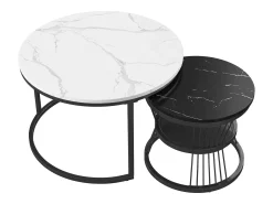 Mesa De Centro| Conjunto de 2 mesas de centro redondas modernas - mármore e metal, elegantes para sala de estar, escritório, varanda Branco