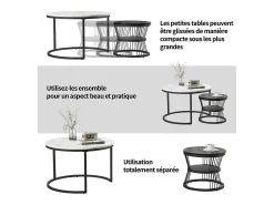 Mesa De Centro| Conjunto de 2 mesas de centro redondas modernas - mármore e metal, elegantes para sala de estar, escritório, varanda Branco