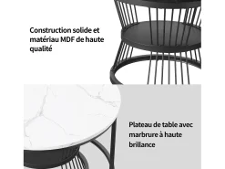 Mesa De Centro| Conjunto de 2 mesas de centro redondas modernas - mármore e metal, elegantes para sala de estar, escritório, varanda Branco