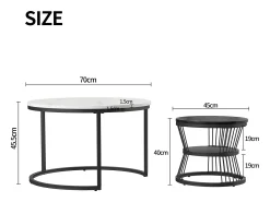 Mesa De Centro| Conjunto de 2 mesas de centro redondas modernas - mármore e metal, elegantes para sala de estar, escritório, varanda Branco