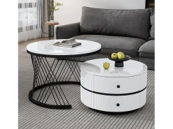 Mesa De Centro*Hauss Spole Conjunto de 2 mesas de encaixe com 2 gavetas, tampo com efeito mármore - Branco e Preto