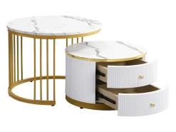 Mesa De Centro*ModernLuxe Conjunto de 2 mesas de encastrar - 2 gavetas - tampo em mármore - Branco e Dourado Branco / Dourado