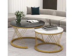 Mesa De Centro*ModernLuxe Conjunto de 2 mesas de encastrar - folheado com padrão mármore - estrutura metálica - Cinza Cinzento / Branco