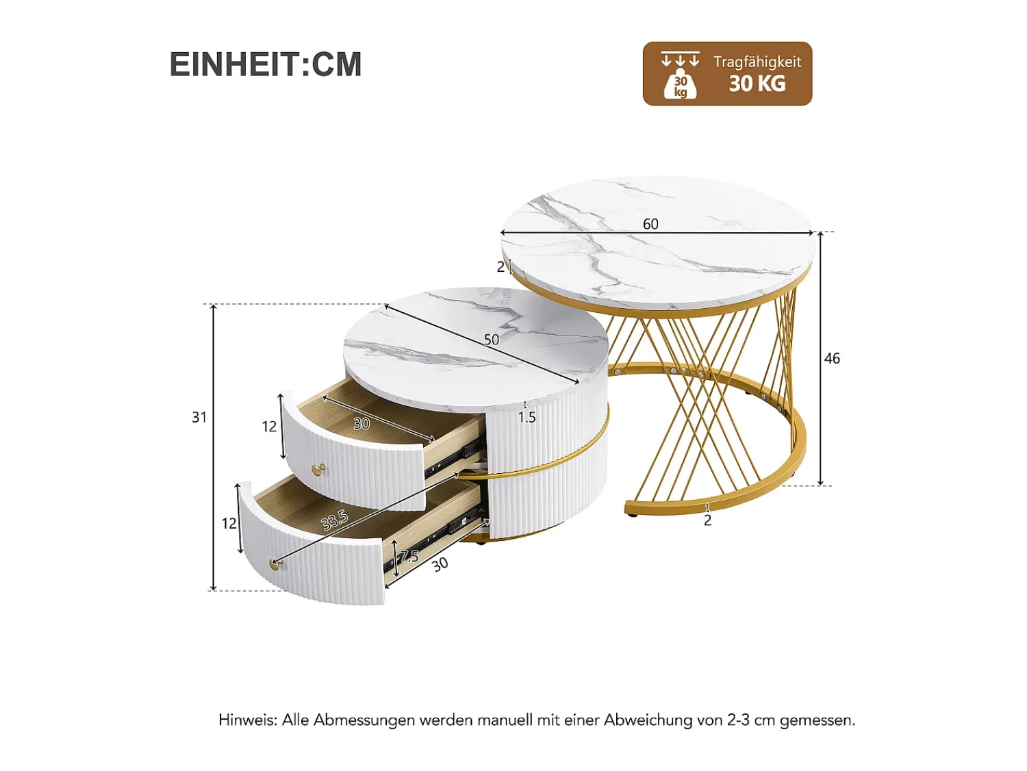 Sale Hauss Spole Conjunto de 2 mesas de encaixe com 2 gavetas, tampo com efeito mármore - Branco e Dourado