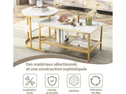 Mesa De Centro* Conjunto de 2 mesas laterais de mármore com espaço de armazenamento, douradas e metálicas. Dourado