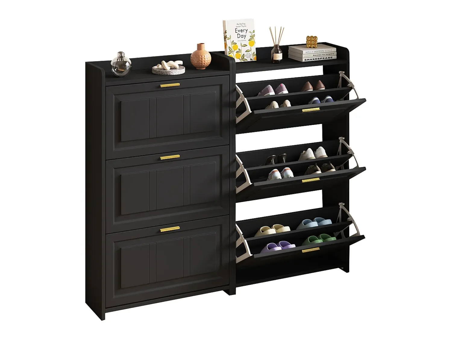 Móvel De Arrumação|Sapateira*ModernLuxe Conjunto de 2 móveis para sapatos 140x24x120 cm - 6 portas basculantes - 12 compartimentos - MDF e painéis de partículas - Preto