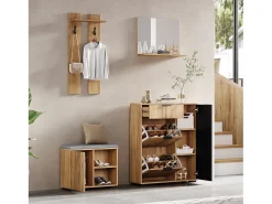 Móvel De Entrada*Merax Conjunto de guarda-roupa para hall de entrada - 140 x 35 x 139 cm - com banco e sapateira + 1 espelho + prateleira de parede - aglomerado - natural + preto Natural claro