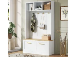 Outlet Merax Conjunto de guarda-roupa/armário - 105 x 40 x 180 cm - com banco + espaço de armazenamento aberto + 2 portas + 4 ganchos - MDF + aglomerado - Branco