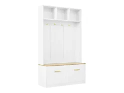 Outlet Merax Conjunto de guarda-roupa/armário - 105 x 40 x 180 cm - com banco + espaço de armazenamento aberto + 2 portas + 4 ganchos - MDF + aglomerado - Branco
