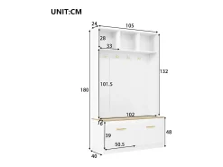 Outlet Merax Conjunto de guarda-roupa/armário - 105 x 40 x 180 cm - com banco + espaço de armazenamento aberto + 2 portas + 4 ganchos - MDF + aglomerado - Branco