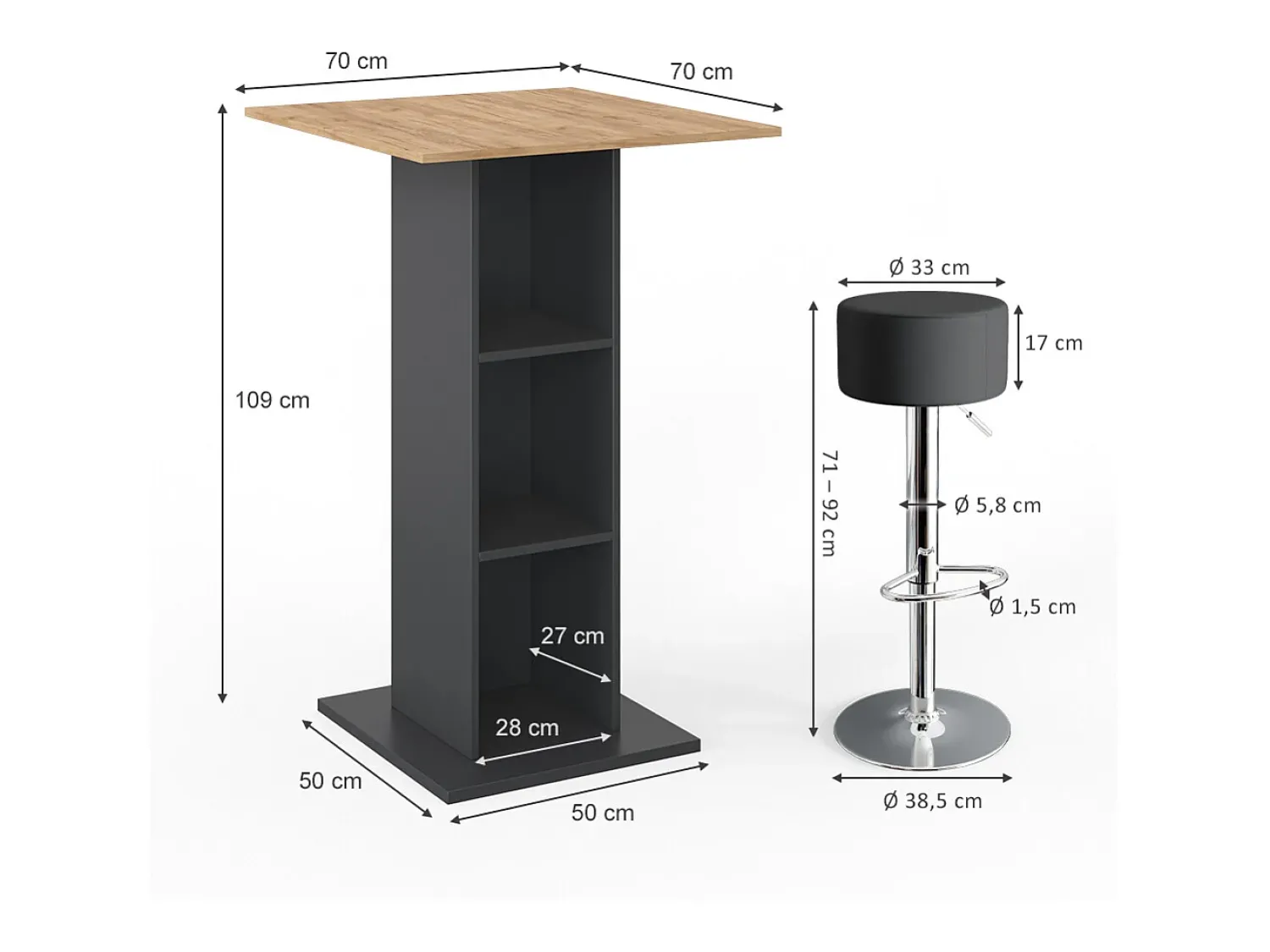 Vicco Conjunto de mesa de bar antracite 70x70x109 rodeo^ Móvel De Bar