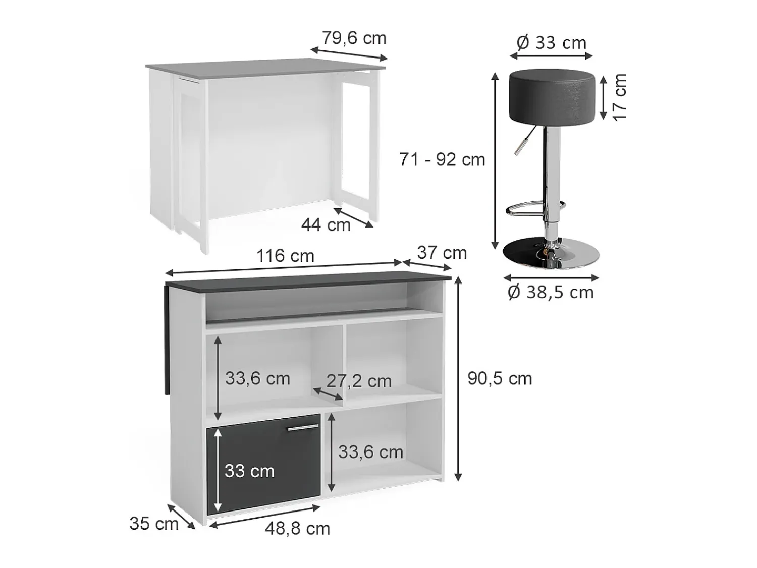 Móvel De Bar|Vicco Conjunto de mesa de bar antracite/branco 116x37x90.5 dominic Cinza antracite