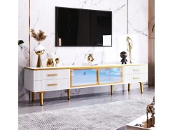 Móvel De Tv*DripeX Conjunto de mesa de café + móveis de TV com LEDs 4 gavetas e 1 nichos, bandeja de mesa com estrutura de mármore Branco