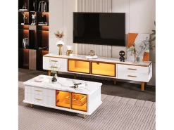 Móvel De Tv*DripeX Conjunto de mesa de café + móveis de TV com LEDs 4 gavetas e 1 nichos, bandeja de mesa com estrutura de mármore Branco
