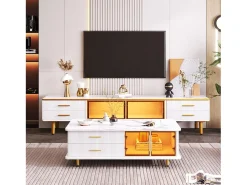 Móvel De Tv*DripeX Conjunto de mesa de café + móveis de TV com LEDs 4 gavetas e 1 nichos, bandeja de mesa com estrutura de mármore Branco