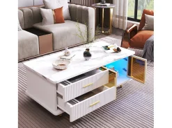 Móvel De Tv*DripeX Conjunto de mesa de café + móveis de TV com LEDs 4 gavetas e 1 nichos, bandeja de mesa com estrutura de mármore Branco