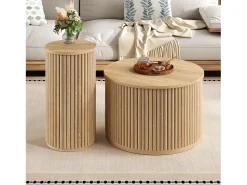 Discount ModernLuxe Conjunto de mesa de centro - Tampo redondo - Padrão de listras verticais - MDF - Natural Natural claro