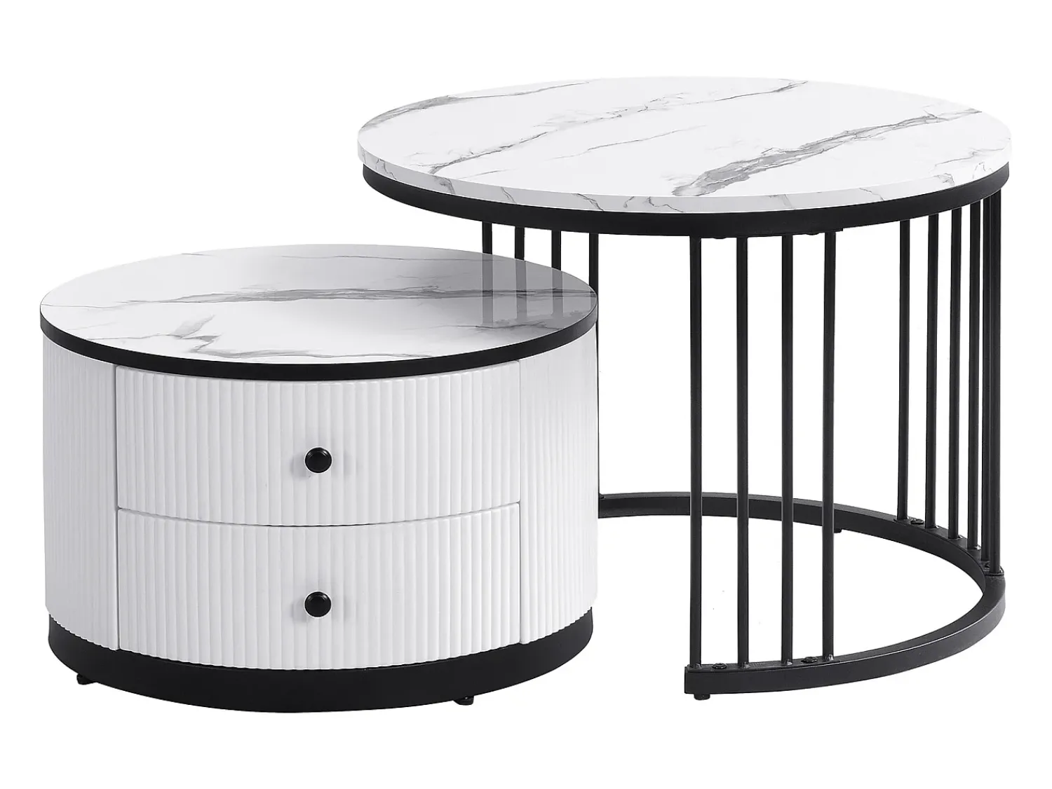 New Hauss Spole Conjunto de mesas de centro empilháveis com 2 gavetas - Tampo com efeito mármore brilhante - Preto e Branco