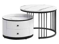 New Hauss Spole Conjunto de mesas de centro empilháveis com 2 gavetas - Tampo com efeito mármore brilhante - Preto e Branco