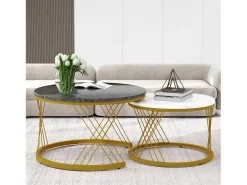 Mesa De Centro|Merax Conjunto de mesas de centro empilháveis em madeira - folheado com efeito mármore branco e metal dourado - MDF - para sala de estar - cinza e branco Cinzento