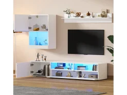 Móvel De Tv|Merax Conjunto de móveis de 3 peças - 175 x 39 x 34 cm - Móvel de TV + armário de parede + prateleira de parede - aglomerado - Branco