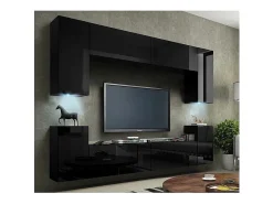 Móvel De Tv*Price Factory Conjunto de móveis de sala de estar suspenso coleção CEPTO I 240cm, 8 portas, 6 prateleiras, leds. Preto
