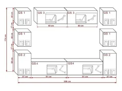 New Price Factory Conjunto de móveis de sala de estar e preto suspensos, coleção CEPTO XIV. 256cm, 10 móveis, leds. Cubo de cor preta. Branco
