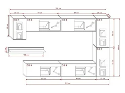 Móvel De Tv*Price Factory Conjunto de móveis de sala de estar s suspensos coleção CEPTO VI 256cm, 7 portas, 6 prateleiras incluindo uma de parede, leds, modulares. Branco