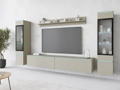 Móvel De Tv| Conjunto de móveis para sala com LED 4 elementos – rack 180 cm, 2 vitrines e prateleira, composição de parede de pé ou suspensa, cashmere Bege