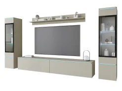 Móvel De Tv| Conjunto de móveis para sala com LED 4 elementos – rack 180 cm, 2 vitrines e prateleira, composição de parede de pé ou suspensa, cashmere Bege