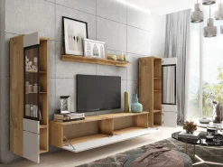 Conjunto de móveis para sala 3 elementos com LED – rack 180 cm, vitrine e prateleira, corpo carvalho Wotan, frentes branco brilho^ Móvel De Tv